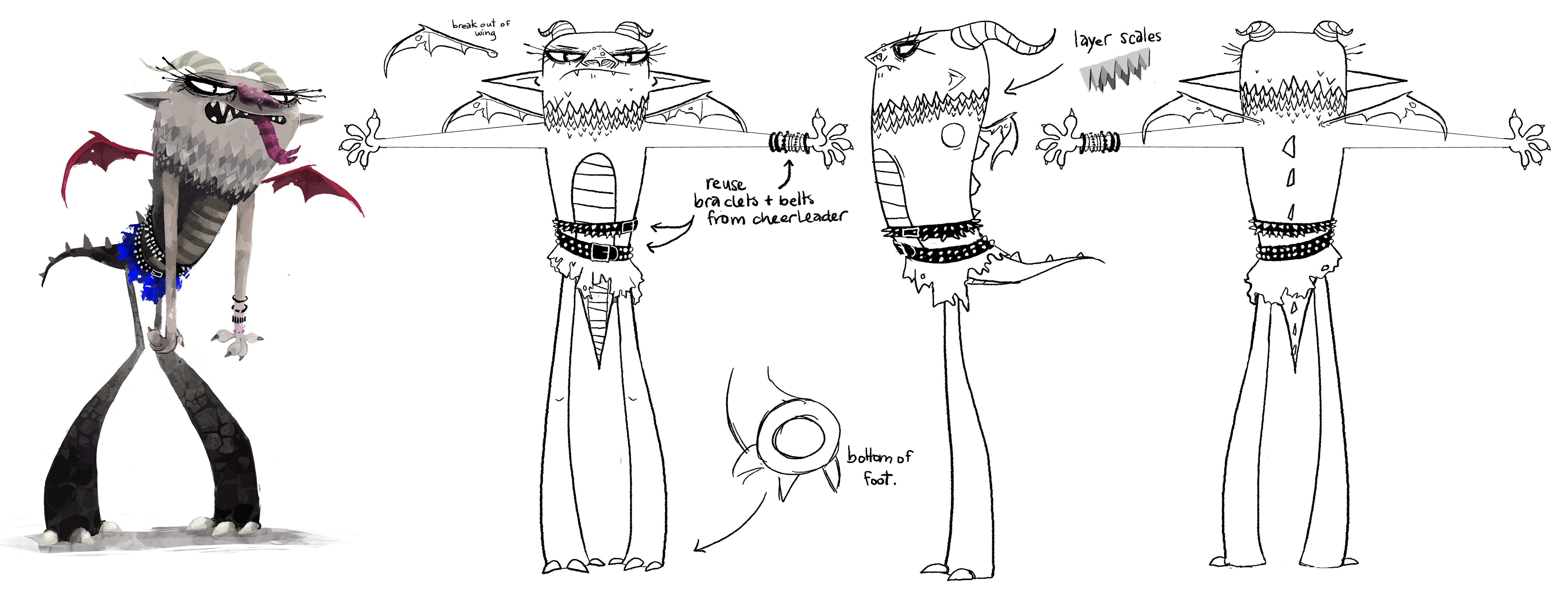 Gargoyle sketches - the remnants of Tina's cheer skirt link the character's regular and Groove states.